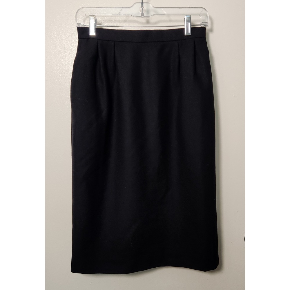 Vintage Women's Black Sz 8‎ Sm Wool Pencil Skirt Pleated Knee Length Lined Slit